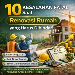 Ilustrasi renovasi rumah – pekerja konstruksi melakukan pengecekan struktur untuk menghindari kesalahan renovasi rumah