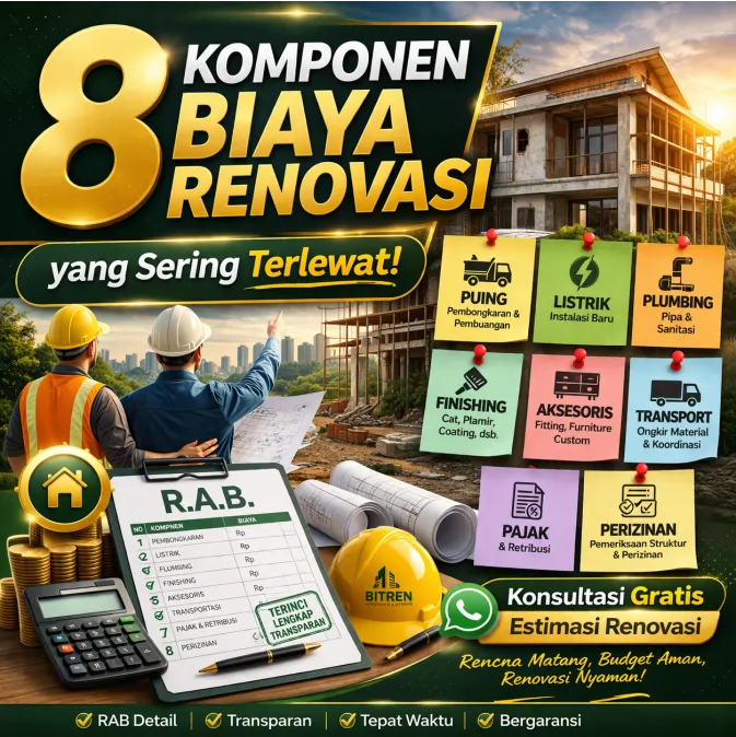 Ilustrasi komponen biaya renovasi rumah yang sering terlupakan dengan elemen konstruksi dan RAB
