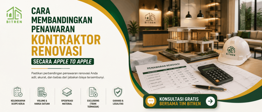Banner cara membandingkan penawaran kontraktor renovasi secara apple to apple