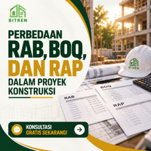 Poster perbedaan RAB, BOQ, dan RAP dalam proyek konstruksi